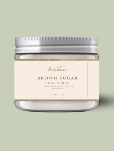 A container of brown sugar scrub